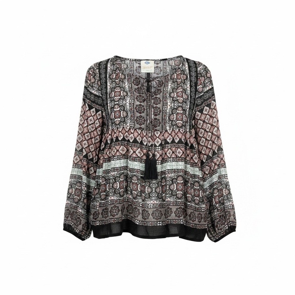 Wild Blue Sadie Robertson Boho Tassel Tie Peasant Blouse Medallion Print Boho